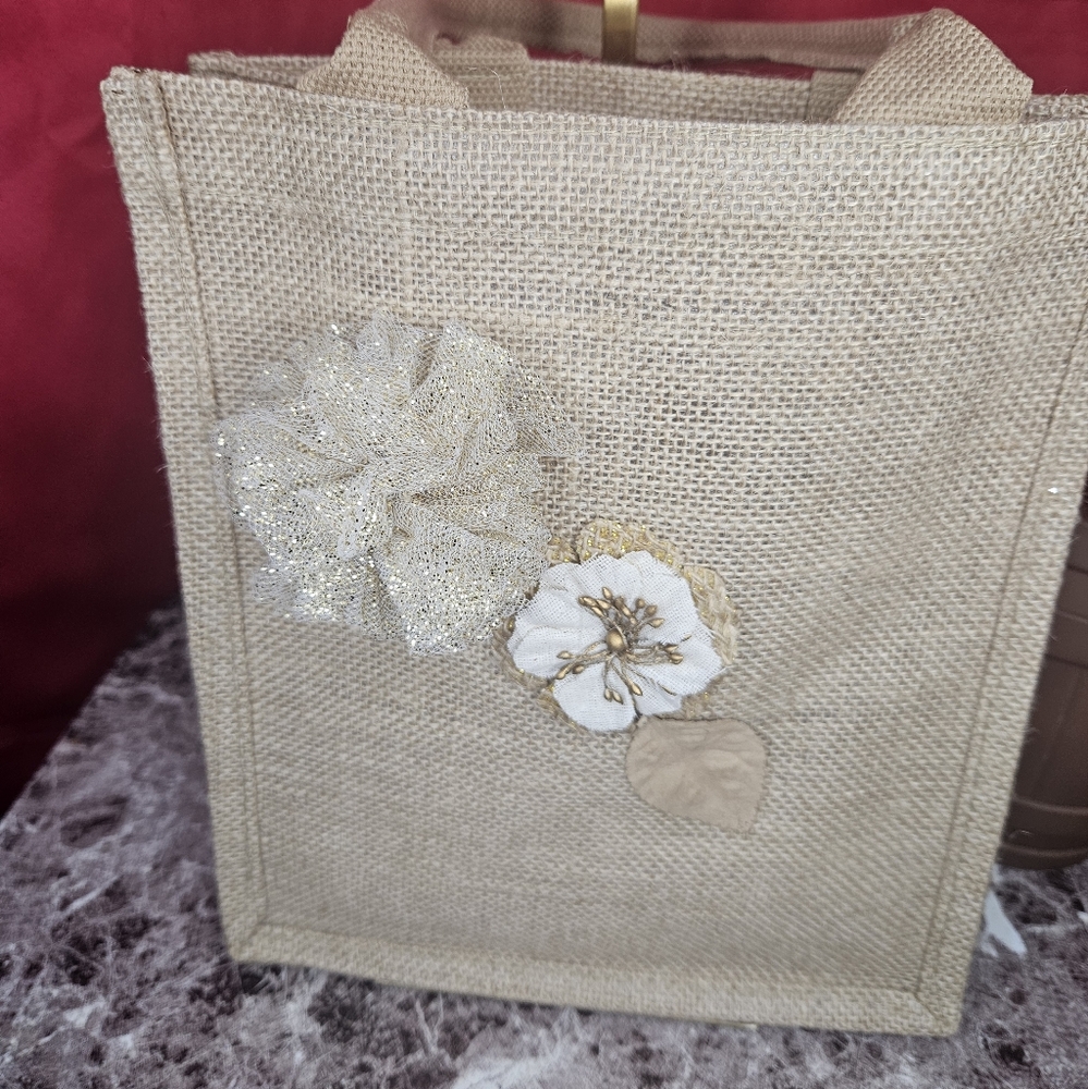 NWOT Natural Burlap Reusable Jute Tote Bag W/cotton Handles 11x9.4x4